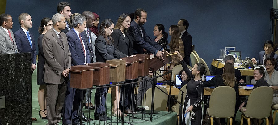 UN Photo/Manuel Elias Collection of ballots for the election of members of the Human Rights Council at the General Assembly on 12 October 2018.