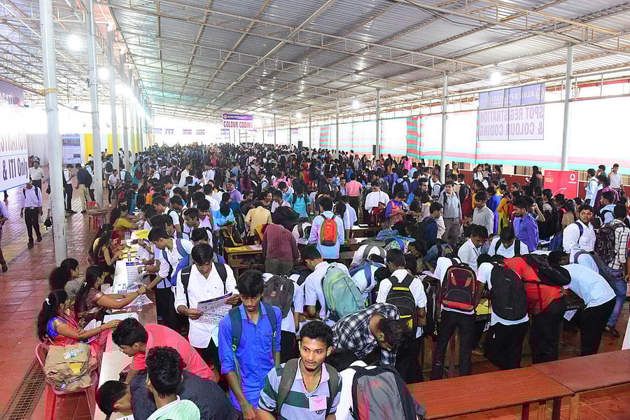 Job aspirants at Alva’s Pragati organised by Alva’s Education Trust, in Moodbidri on Friday.