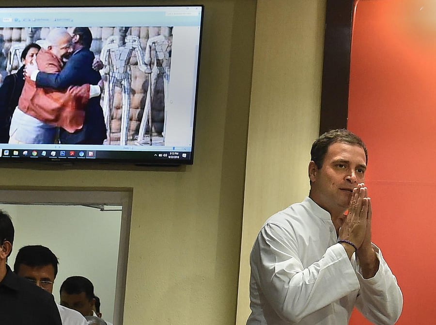 Congress president Rahul Gandhi arrives to address the media on Rafale deal issue, in New Delhi, on Saturday. PTI