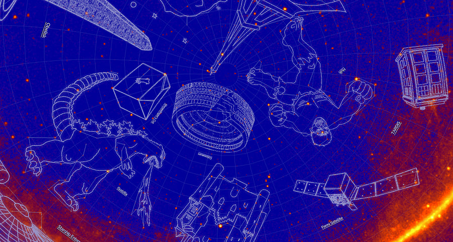 A screenshot of the gamma ray constellations, showing some of the 21 named to commemorate the Fermi telescope's 10th anniversary.