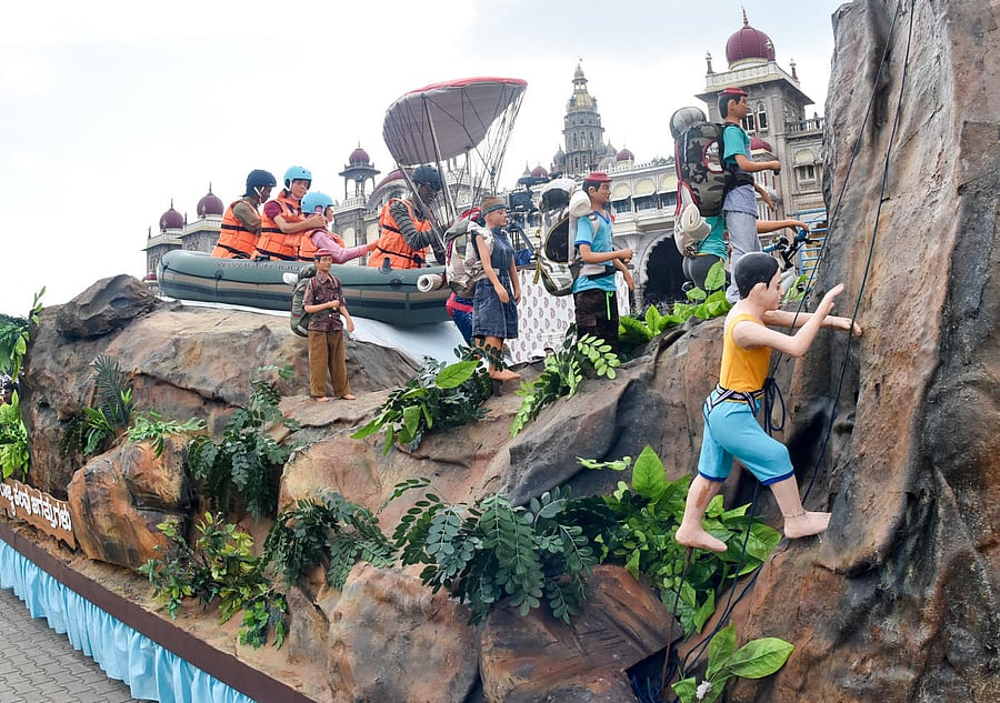 CULTURAL TREAT: A tableau of the Tourism Department during the Jamboo Savari on the premises of Mysuru Palace on Friday. DH PHOTO SAVITHA B R