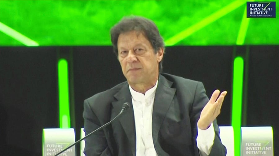 Imran Khan speaking during a news conference at Saudi investment summit in Riyadh. Reuters photo