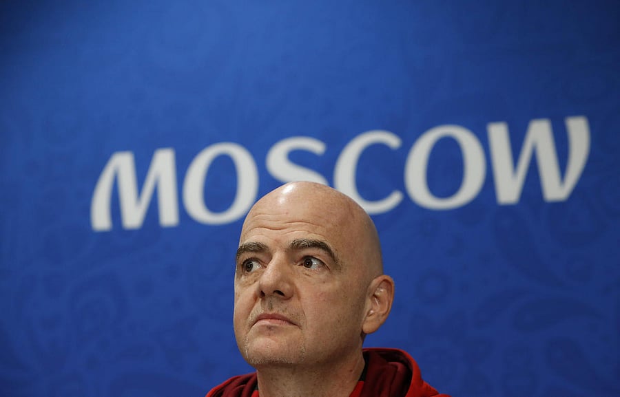 FILE PHOTO: FIFA President Gianni Infantino attends a news conference at the Luzhniki Stadium in Moscow, Russia July 13, 2018. REUTERS/Sergei Karpukhin/File Photo