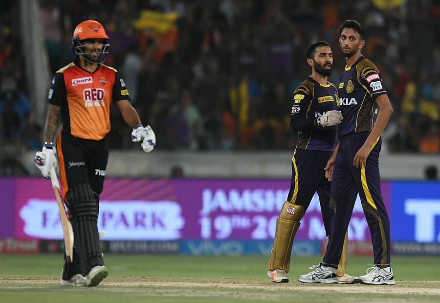 Kolkata Knight Riders paceman Prasidh Krishna (right) said the wicket of Sunrisers Hyderabad opener Shikhar Dhawan (left) gave him immense satisfaction.