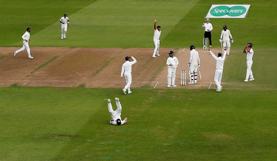 THE FINAL ONE: Ajinkya Rahane takes a catch to dismiss England’s James Anderson, signalling India’s victory in the third Test on Wednesday. Reuters