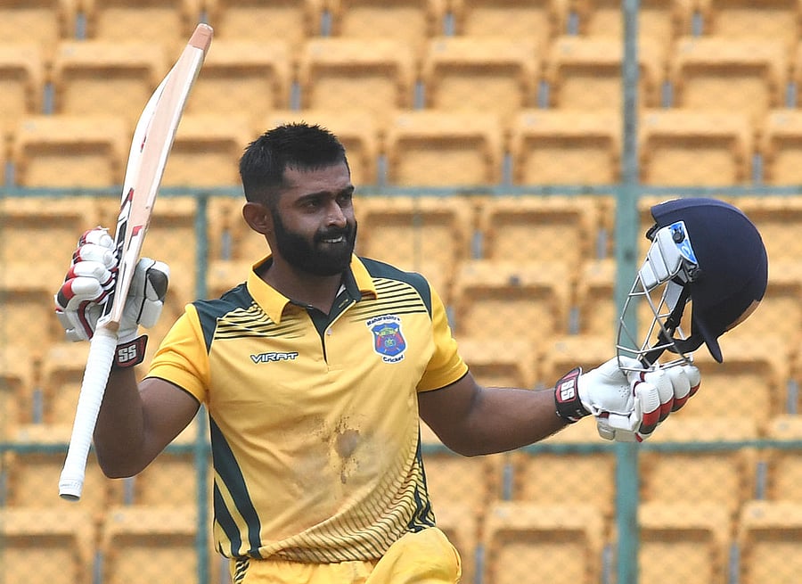TIMELY: Ankit Bnwne of Maharastra celebrates after his century against Karnataka in the Vijay Hazare Trophy match in Bengaluru on Thursday. DH Photo/Srikanta Sharma R