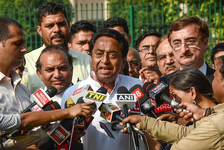 Senior Congress leader Kamal Nath talks to the media after a hearing by the Supreme Court on the petition filed by him for proper verification of Voter Verifiable Paper Audit Trail (VVPAT) and other issues related to the forthcoming Assembly elections in