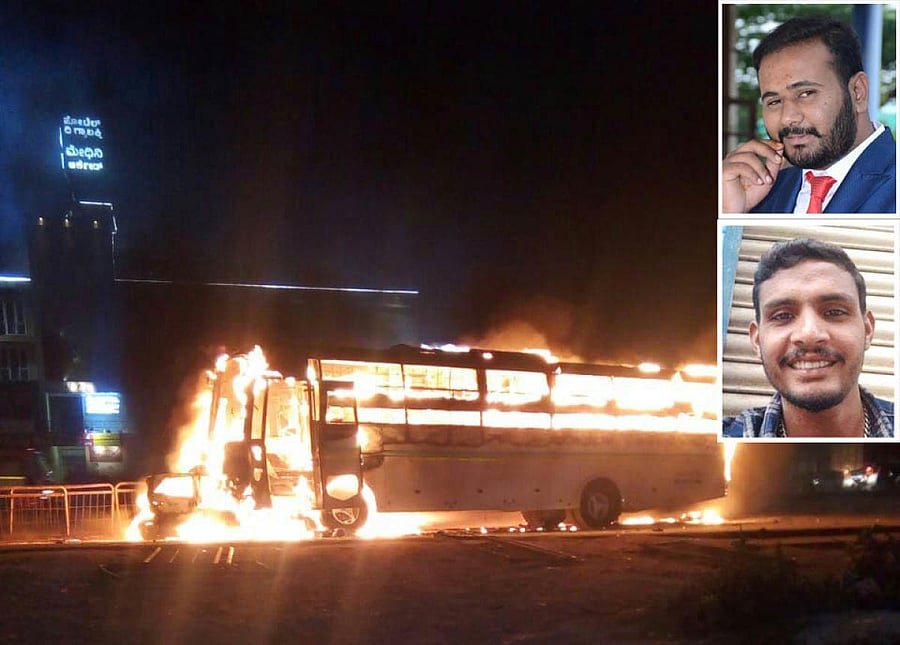 Victims Zabiulla (top) and Ismail. The bus that they crashed into on Hosur Road on Saturday night went up in flames.