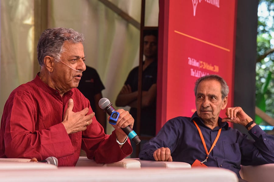 Playwright Girish Karnad and critic C N Ramachandran in conversation. DH Photo/S K Dinesh