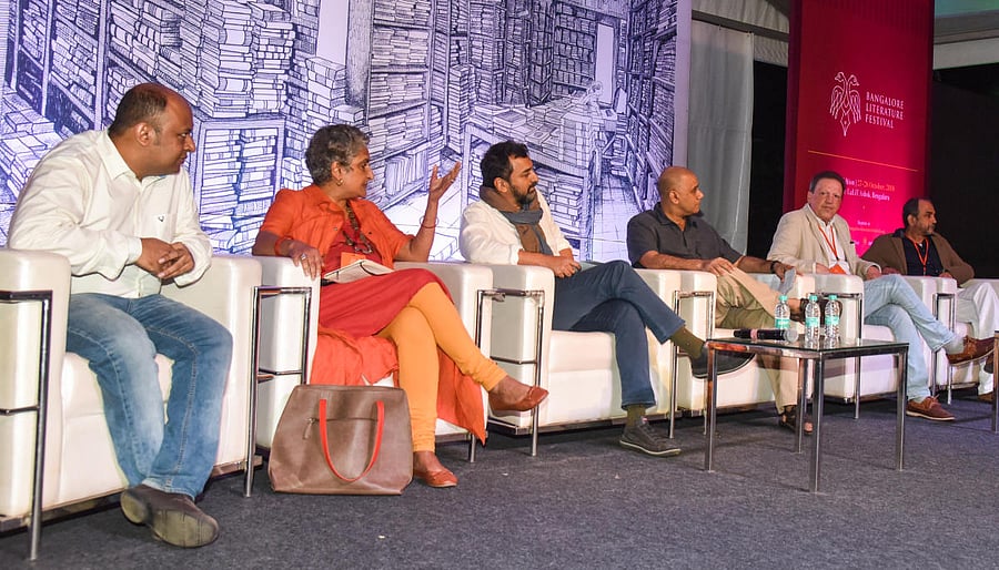 From left- Pratik Sinha, Chitra Subramaniam, Sreenivasan Jain, Naresh Fernandes, Francois Gautier and Mukund Padmanabhan. DH Photo/S K Dinesh