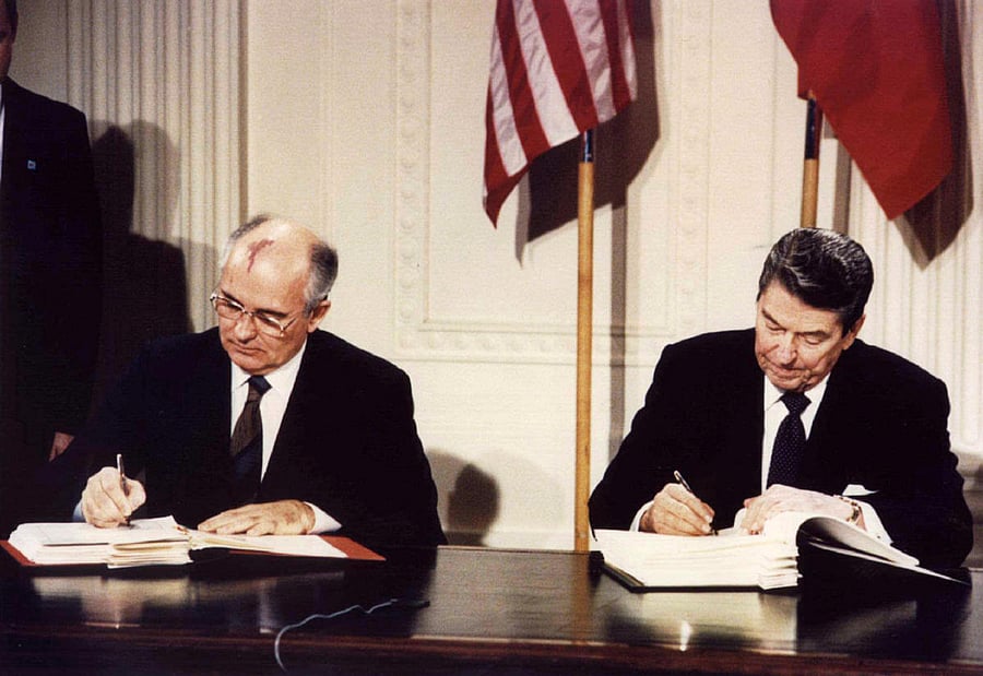 US President Ronald Reagan (R) and Soviet President Mikhail Gorbachev sign the Intermediate-Range Nuclear Forces (INF) treaty at the White House, Washington, on December 8 1987. REUTERS File Photo