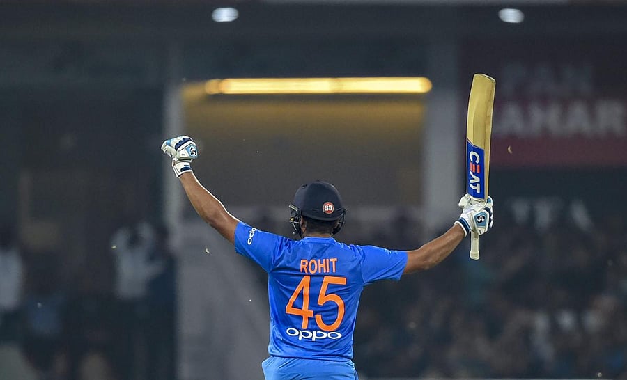 India's Rohit Sharma celebrates his century during the 2nd T20I match against West Indies at Bharat Ratna Atal Bihari Vajpayee International Cricket Stadium in Lucknow. (PTI Photo)