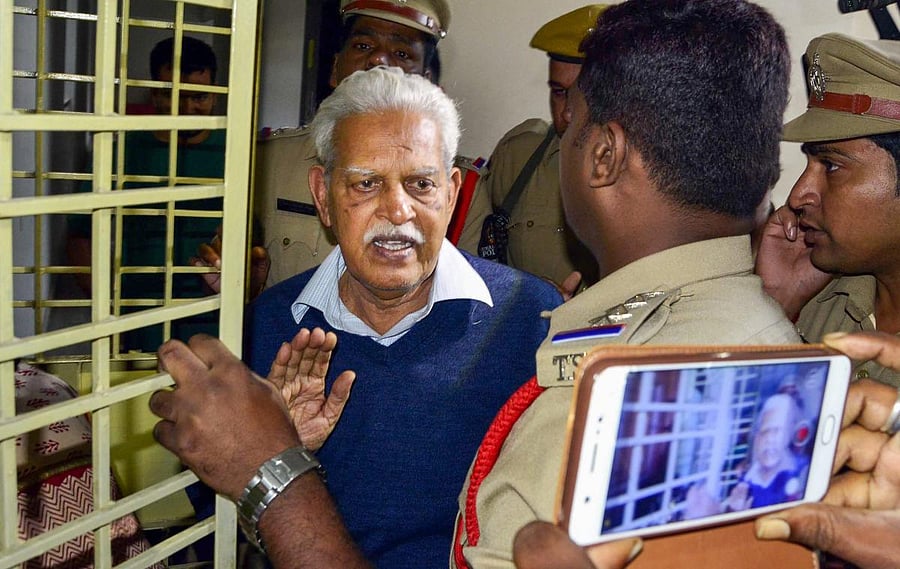 Poet-cum-social activist Varavara Rao returns home to be placed under house arrest, in Hyderabad on Thursday. (PTI)