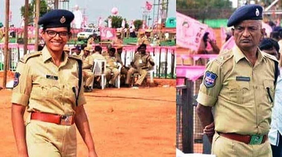Sindhu Sarma and her father Umamaheswar Sarma at the TRS public meeting in Kongarakalan on Sunday. (DH Photo)