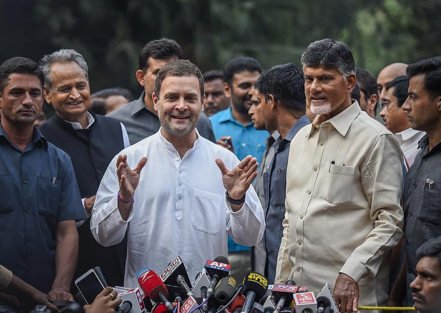 Congress President Rahul Gandhi along with Andhra Pradesh Chief Minister N Chandrababu Naidu. PTI file photo