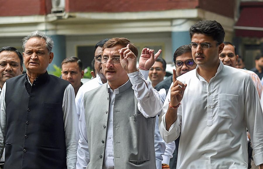 Congress Party leaders Ashok Gehlot, Avinash Pandey, Sachin Pilot, CP Joshi, Vivek Tankha and others leave after a meeting with the election commissioner at Nirvachan Sadan, in New Delhi on Tuesday. PTI