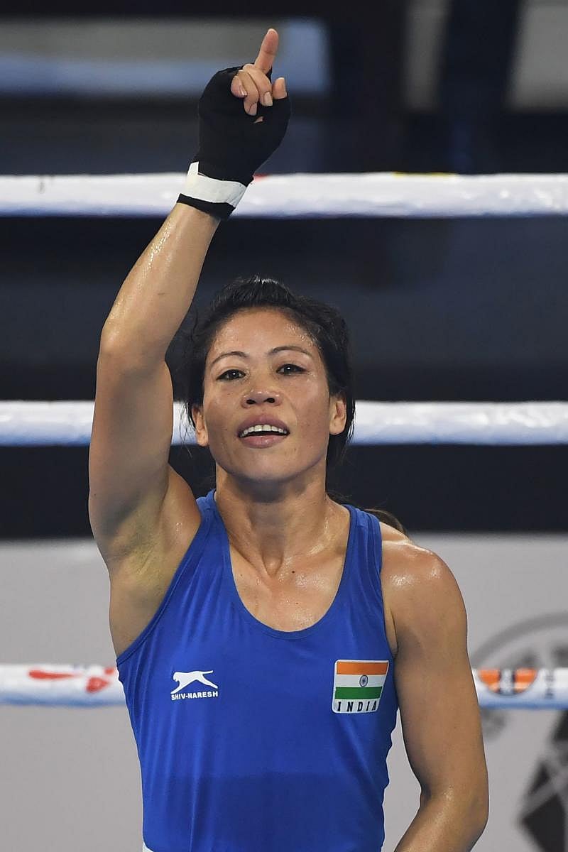 THE ONE AND ONLY: Mary Kom signals her victory in her semifinal against Kim Hyang Mi of North Korea in the women’s World Boxing Championships on Thursday. AFP