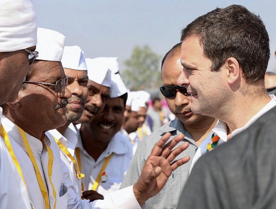 Congress President Rahul Gandhi interacts during a public meeting at Kajlivan Ground, in Sagar, Saturday, Nov.24, 2018. (Handout Photo via PTI)