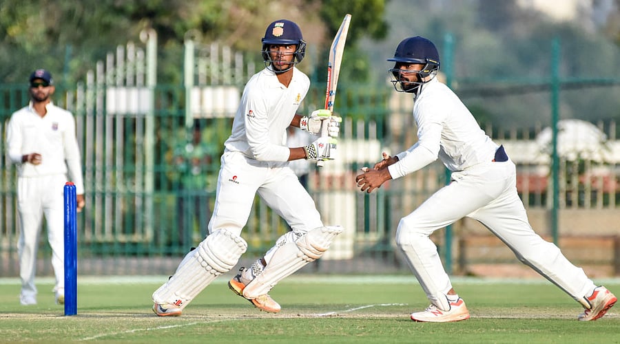 Karnataka's Devdutt Padikkal in action during his unbeaten knock of 33 against Maharashtra in the Ranji Trophy match in Mysuru on Friday. DH Photo/ Savitha B R