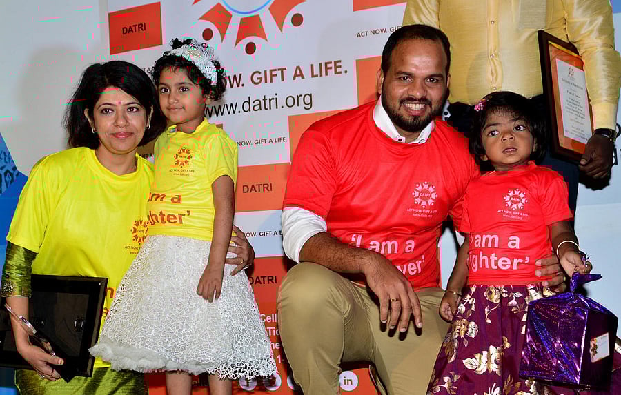 Five-year-old Vanshika (yellow T-shirt), a Thalassemia survivor, with her blood stem cell donor Dr Shruthi Kakkar and three-year-old Disha K G, who was diagnoised with Hurler’s Syndrome, with her saviour Prakash Kumar at a union of donors and recipient