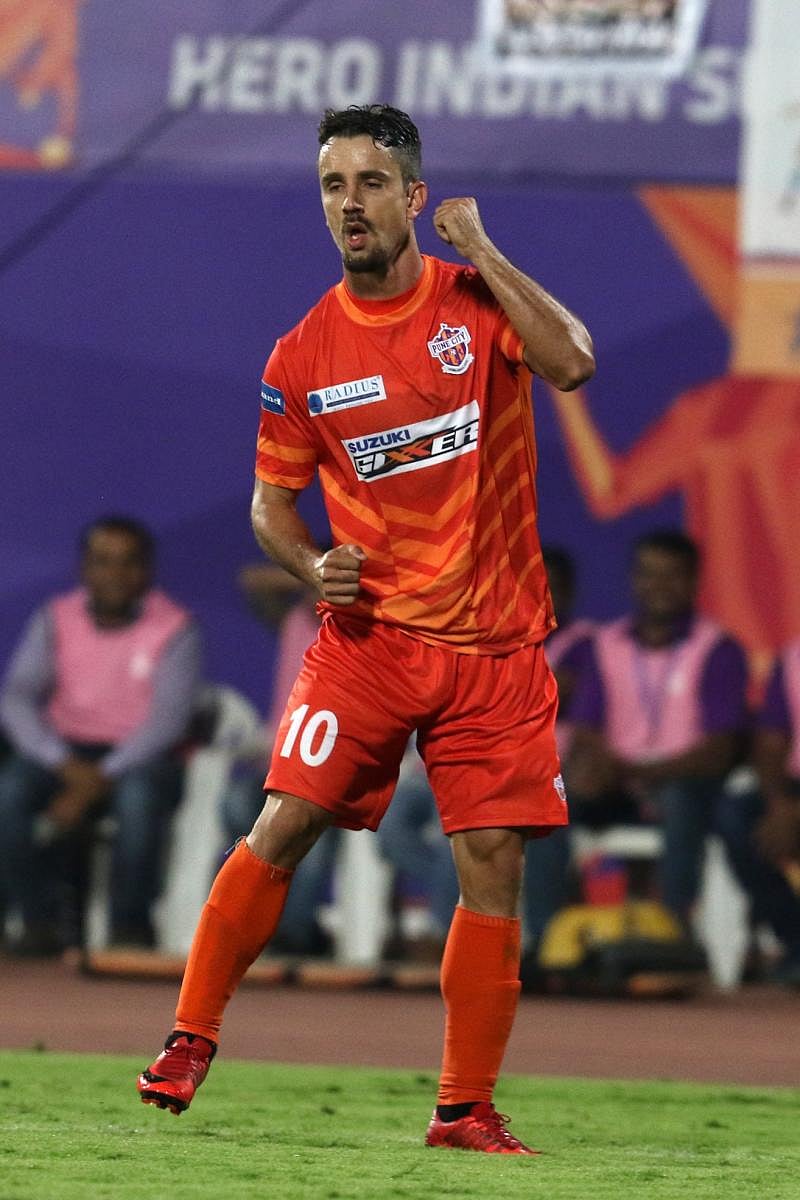FC Pune City's Marcelinho celebrates after scoring FC Goa at the Shree Shiv Chhatrapati Sports Complex Stadium on Tuesday. SPORTZPICS