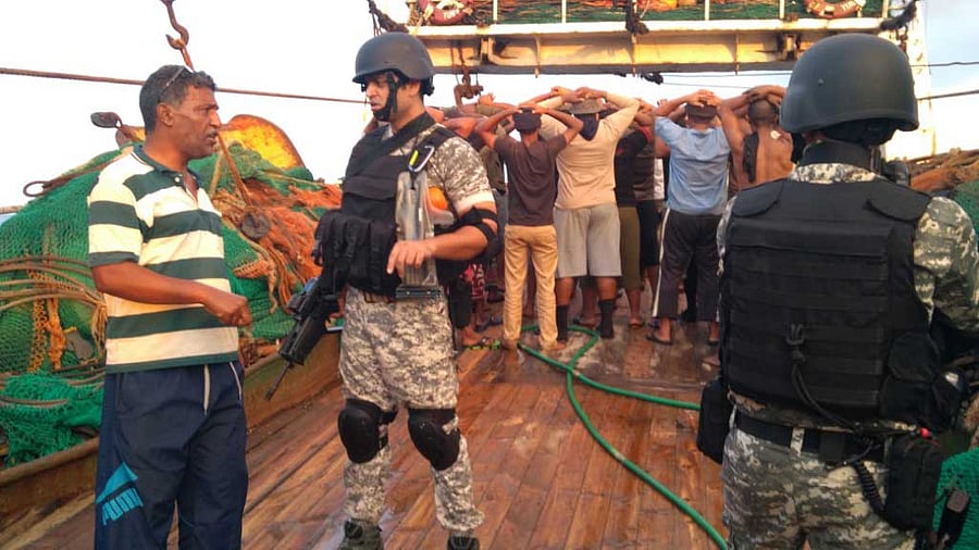 The successful operation resulted in the seizure of illegal arms such as five rifles that included AK-47 and 471 rounds of ammunition. (Image courtesy  SpokespersonNavy/indiannavy/ Twitter