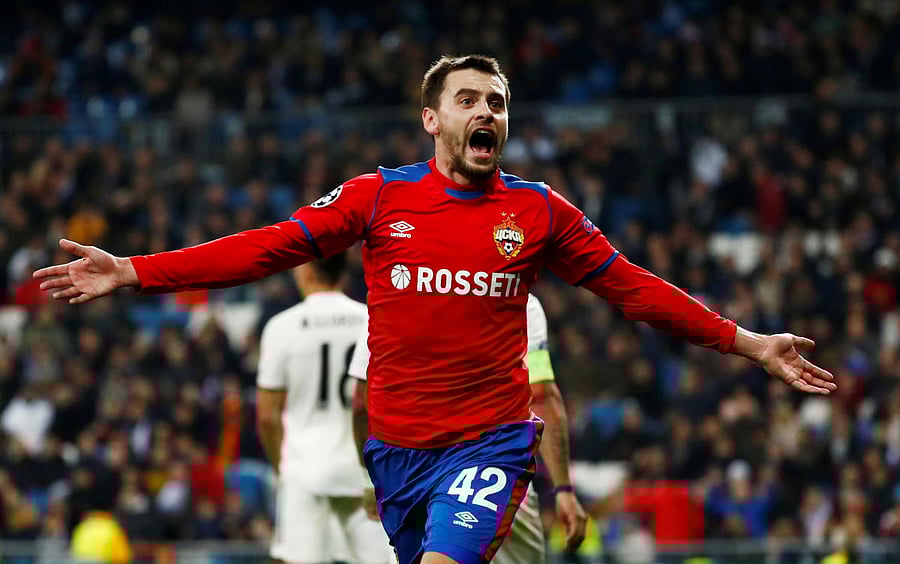 CSKA Moscow's Georgi Shchennikov celebrates after scoring against Real Madrid on Wednesday night. REUTERS