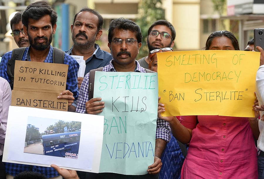 People demonstrate in front of the Vedanta office on MG Road on Thursday. DH Photo
