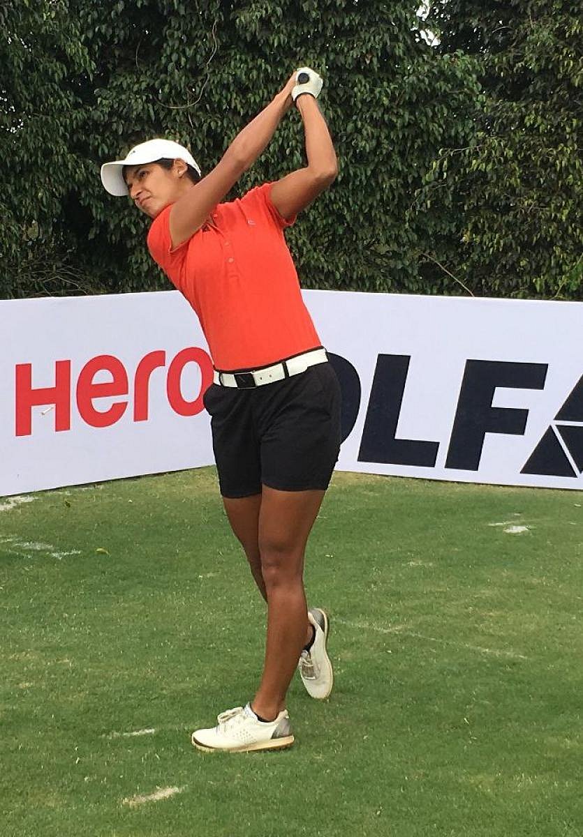 Neha Tripathi tees off during the second round at the Clover Greens on Thursday.