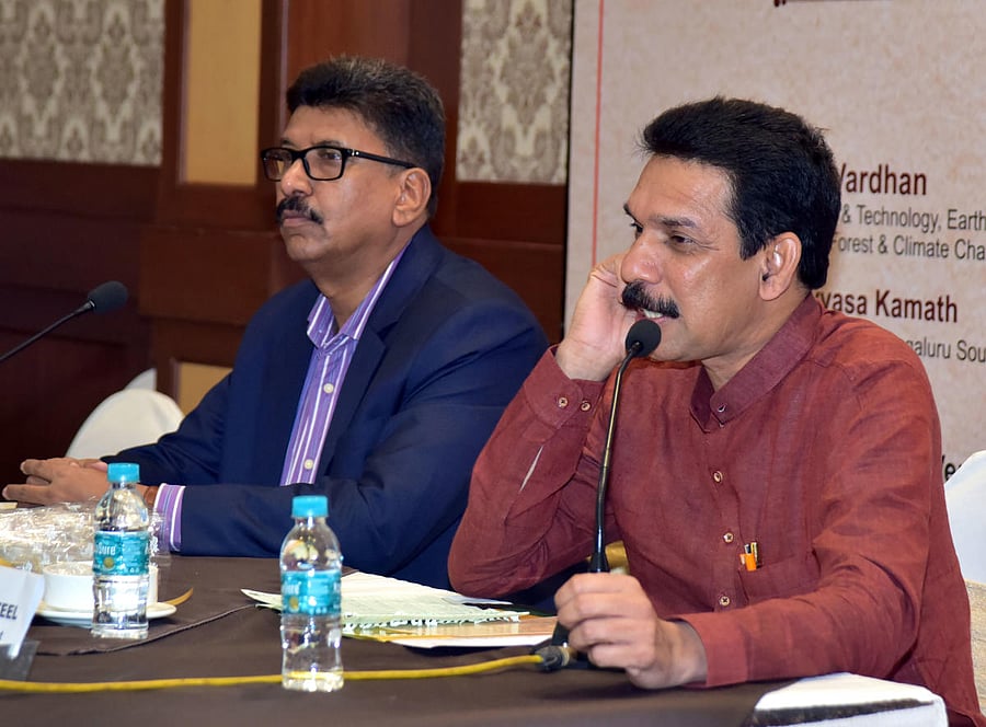 MP Nalin Kumar Kateel speaks to reporters in Mangaluru on Wednesday.