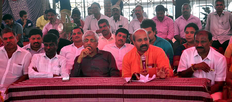 MLA Raghupathi Bhat speaks to reporters in Manipal on Wednesday.