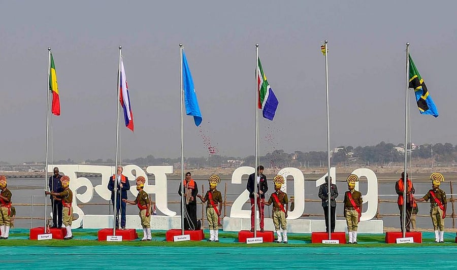 Heads of Missions attend the flag-hoisting ceremony during their day-long visit of Kumbh Mela region, in Allahabad, on Saturday. PTI