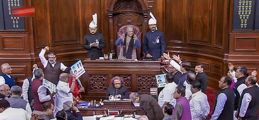 Rajya Sabha was on Wednesday adjourned till 2 PM after AIADMK MPs rushed to the Well of the House over Cauvery issue. PTI photo