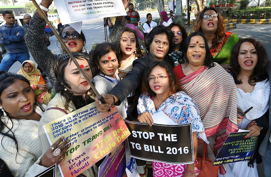 Transgender persons during a protest against 'TG Bill 2016' at Parliament Street in New Delhi on Sunday. PTI Photo