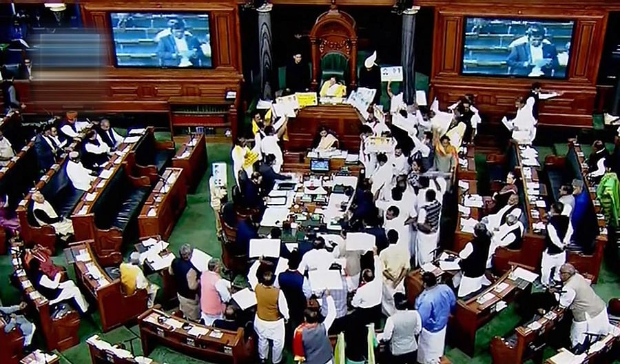 The Lok Sabha continued to witness uproar even on Wednesday as the MPs of the Congress and other political parties trooped into the well of the House, raising slogans and waving placards with a range of demands. PTI file photo