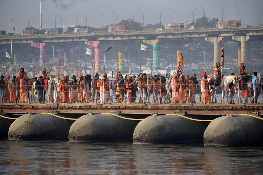 Sadhus take part in the Peshvai, a religious ceremony, ahead of the Kumbh Mela 2019, in Allahabad. (PTI Photo)