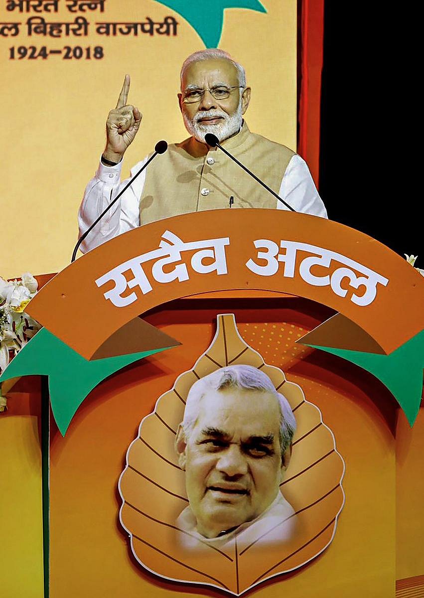 Prime Minister Narendra Modi addresses during BJP National Executive meeting, in New Delhi on Sunday. Twitter Photo via PTI