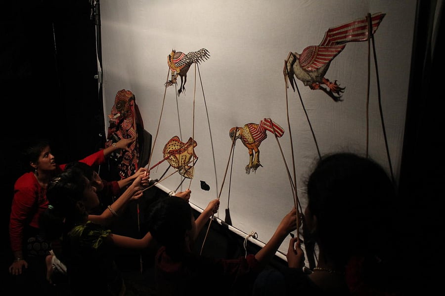 Children practising puppetry at the Dhaatu Center for Sharing in Banashankari.