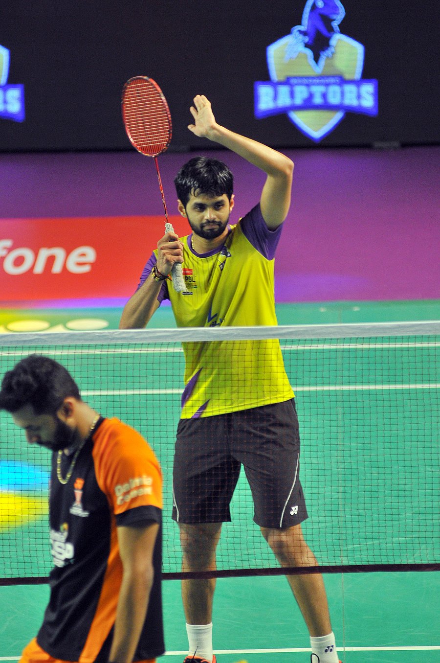  Bengaluru Raptors' Sai Praneeth celebrates his win over Delhi Dashers' HS Prannoy on Wednesday. 