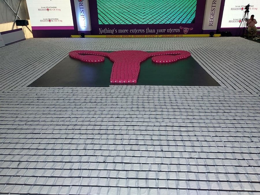 Guinness record on highest number of sanitary pads and figure of the uterus.