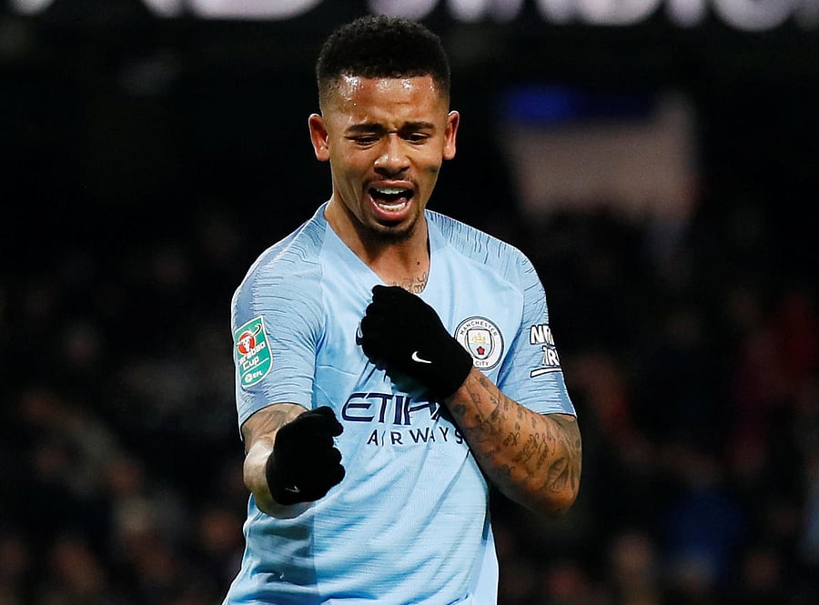 Manchester City's Gabriel Jesus celebrates after completing his hat-trick against Burton Albion. Reuters