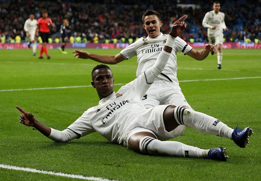 Real Madrid's Junior Vinicius (bottom) celebrates after scoring against Leganes. REUTERS