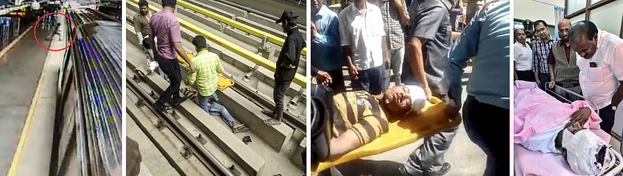 A combo picture of the youth, who attempted suicide at the National College Metro station, being rescued. (Extreme right) Chief Minister H D Kumaraswamy talks to the victim. 