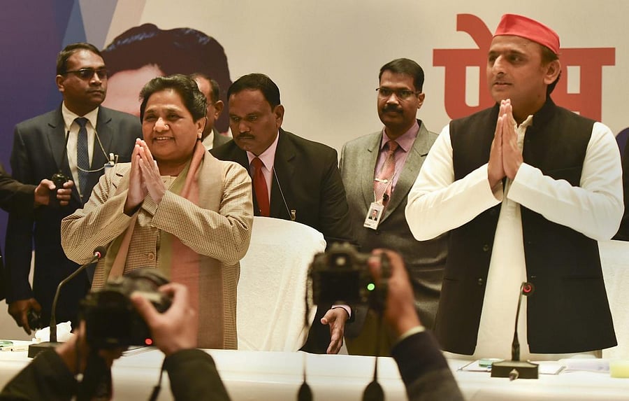 BSP supremo Mayawati and Samajwadi Party chief Akhilesh Yadav during a joint press conference in Lucknow on Saturday, Jan 12, 2019. (PTI Photo)