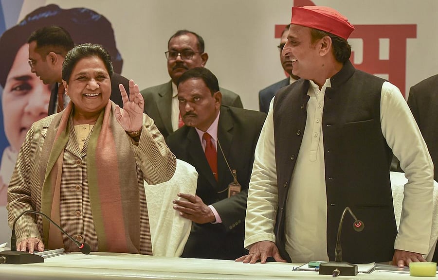 BSP supremo Mayawati and Samajwadi Party chief Akhilesh Yadav during a joint press conference in Lucknow. PTI