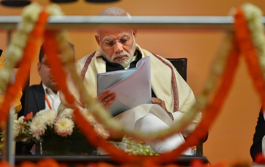 Prime Minister Narendra Modi on the second day of the two-day BJP National Convention, at Ramlila Ground in New Delhi on Saturday. PTI photo