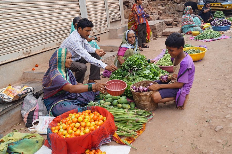 innovative: (Closckwise from above) Ajjappa sells his farm produce at the local Sunday market; Ajjappa explains about the mixed farming practices; harvesting. photos by author