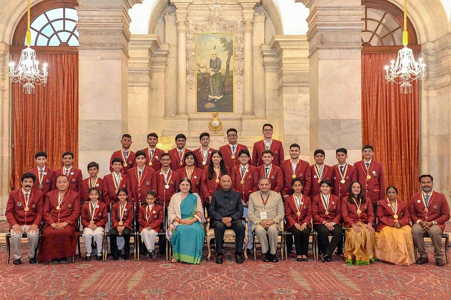 President Ram Nath Kovind with Women and Child Development Minister Maneka Gandhi after the award presentation of Pradhan Mantri Rashtriya Bal Puraskar - 2019, at Rashtrapati Bhavan in New Delhi. (PTI Photo)