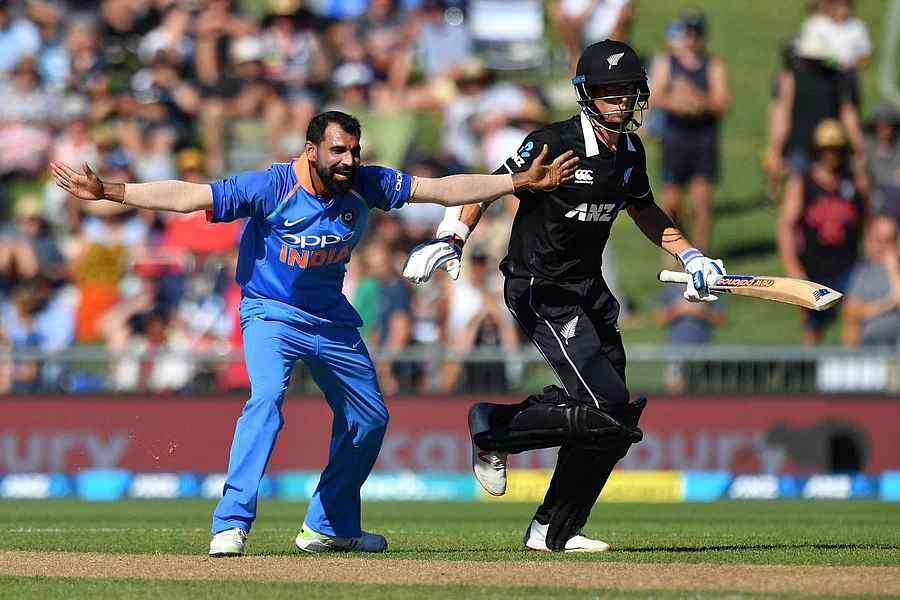 Mohammed Shami (L) appeals for a leg-before-wicket (LBW) call on New Zealand's Mitchell Santner (R) during the first one-day international (ODI) cricket match between New Zealand and India at McLean Park in Napier. AFP Photo 