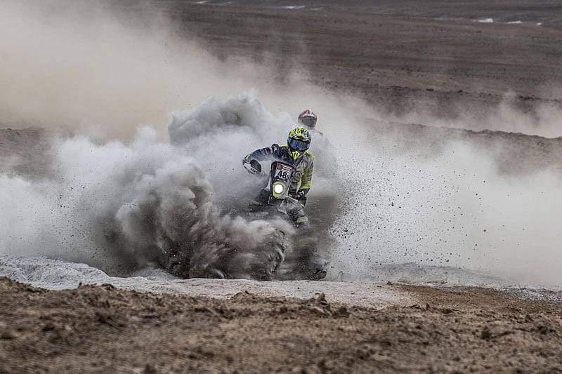 KP Aravind of Sherco TVS Rally Factory Team navigates a challenge at the Dakar Rally.